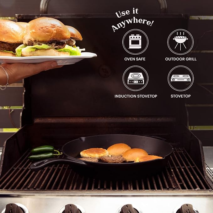 Cuisinel 15" Cast Iron Skillet + Glass Lid Cover + Pan Scraper + Heat-Resistant - Image 3
