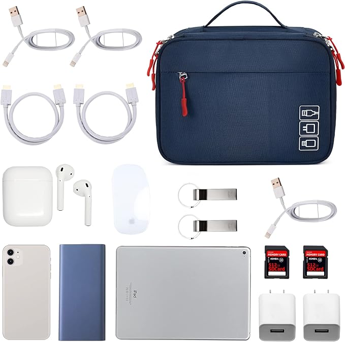 MIRLEWAIY Electronics Cable Organizer Bag, Water-resistant Tech Pouch, Portable Travel Cord Organizer, Electronics Accessories Carrying Case for Charger, Cable, Earphone, SD Cards, Blue