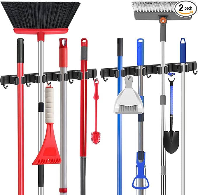 nacena Broom holder Wall Mount, 2-Pack Black Stainless Steel Self-Adhesive Mop and Broom Hooks Heavy Duty Broom and Mop Storage Rack laundry room organization for Kitchen Garden garage