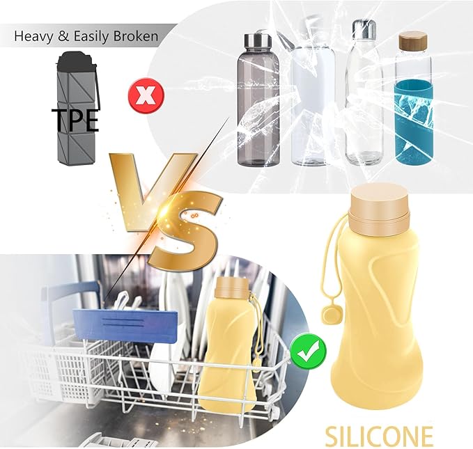 Collapsible Water Bottles,650ml,Leak Proof,Reuseable BPA Free Silicone Foldable Water Bottles,Durable Lightweight for Travel Gym Camping Hiking,Compact Size Portable Sports Water Bottle (Yellow)