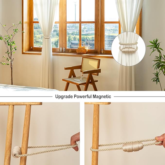 Magnetic Curtain Tiebacks Rope Curtain Tie Backs for Curtains 8 Pack Curtain Holders for Drapes Decorative Window Curtain Holdbacks, Beige
