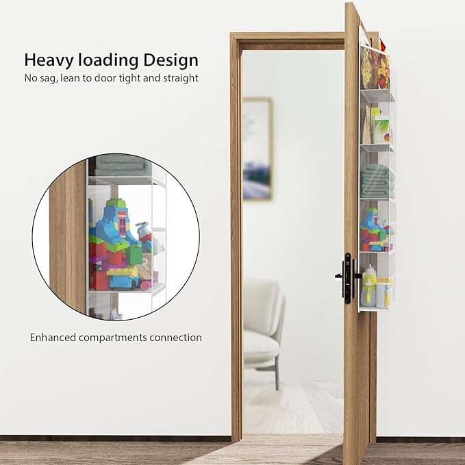 Univivi 5-Shelf Fabric Door Storage Over Door Hanging Organizer with 5 Clear Plastic Pockets & 2 Big Metal Hooks Nursery Closet Cabinet Wall Mount Hanging Storage Organizers for Baby Nursery