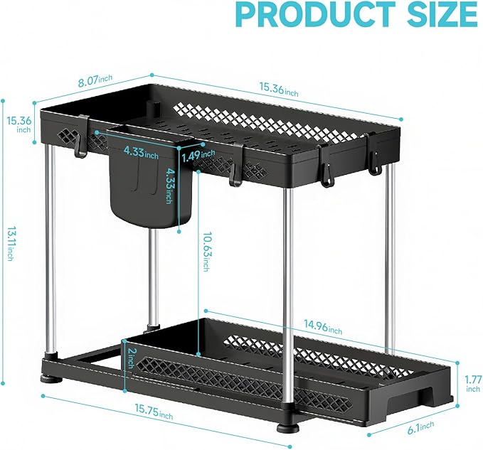 Under Sink Organizer, 2 Tier Pull Out Cabinet Organizer with Hooks Hanging Cup, Easy Installation & Rust-resistant, Multi-Purpose Storage Shelf for Kitchen Bathroom Pantry (Black,1 Pack)