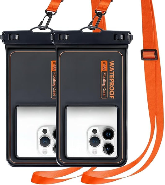 Marine IP68 Universal Waterproof Phone Pouch, Floating Waterproof Phone Case for Cellphone Up to 7", Beach Accessories for Vacation Must Haves, 2 Pack-Black/Hi-Vis Orange