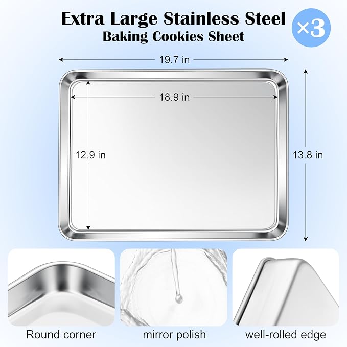 E-far Large Baking Sheets Set of 3, 20”x14” Stainless Steel Cookie Sheet Pans - Image 2