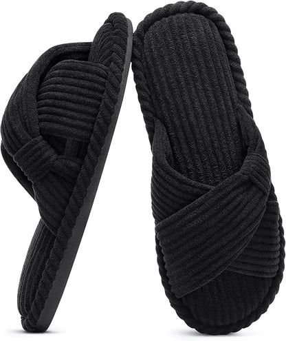 Evshine Summer House Slippers for Women Corduroy Cross Bow Indoor Slippers Open by Evshine