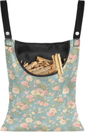 Clothes Pin Hanging Bag with Big Opening Storage Clothes Pins & Mini Clothespins Fits Retractable Clothes Line Outdoors - Flowers Pink