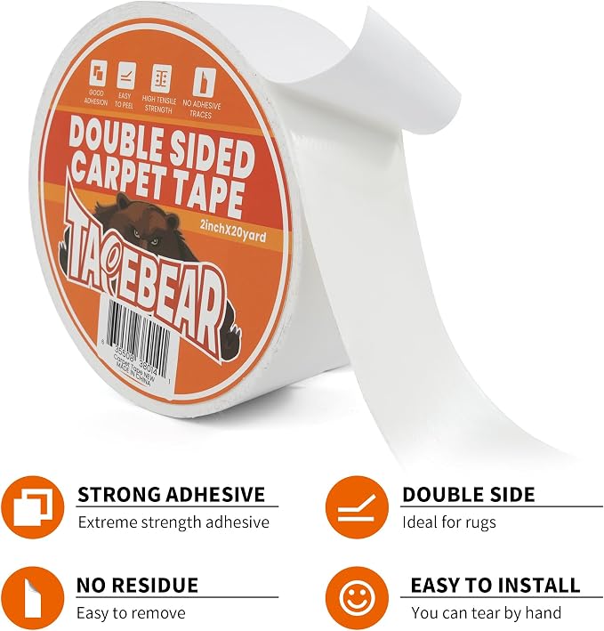 TAPEBEAR Double Sided Carpet Tape 2Inch x 20Yards, Heavy Duty Rug Tape - Image 2