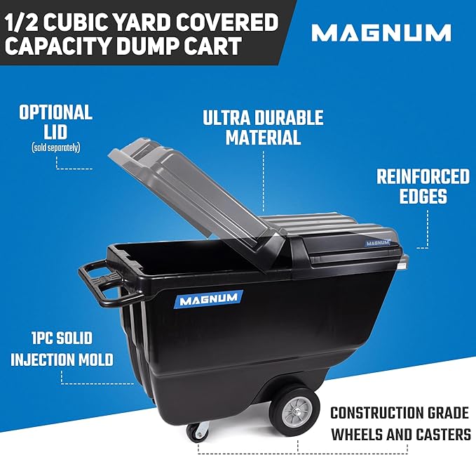 Tilt Truck, 1/2 Cu. Yd. Capacity Dump Cart with Heavy Duty 12” Wheels & 5” Casters for Handling, Transporting on Construction Jobsites, 750 lbs, Trash Cart with Wheels DUC12A-02PK (2-Pack)