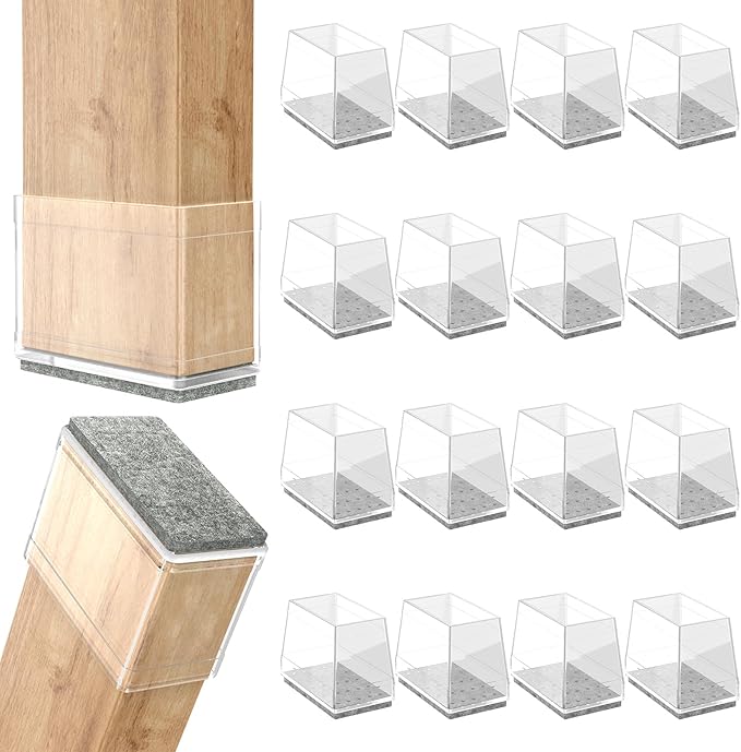 Rectangle Chair Leg Protectors for Hardwood Floors,16 PCS Silicone Covers to Protect Wood Tile Floors Felt Pads Furniture Leg Caps Reduce Noise. Easy to Move. (Clear,1.5 x 2.5 Inch, Rectangular)