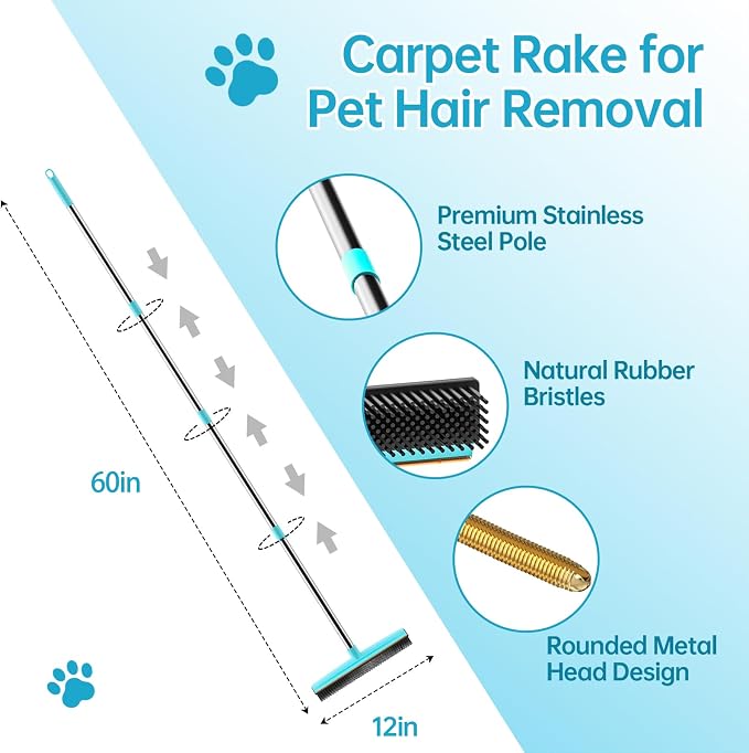 Carpet Rake for Pet Hair Removal, Dog Cat Fur Remover Rubber Broom, Carpet Rake - Image 2