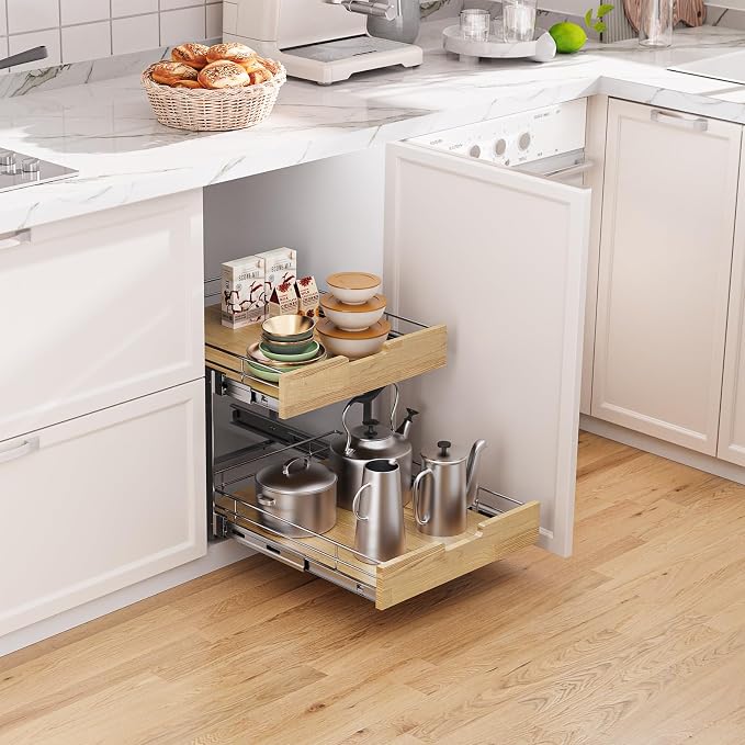 Pull Out Cabinet Organizer, Heavy-Duty Slide Out Shelf, Wood and Wire Basket - Image 5