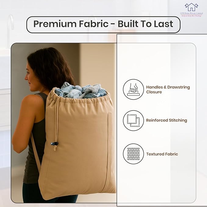 LFH Home Cotton Canvas Large Laundry Bag with Handle, Heavy Duty Drawstring Closure Washable Laundry Bags, School Travel, Home, Hotel, College Dorm, Organizer Sack, Toys Clothes 24x36-Beige