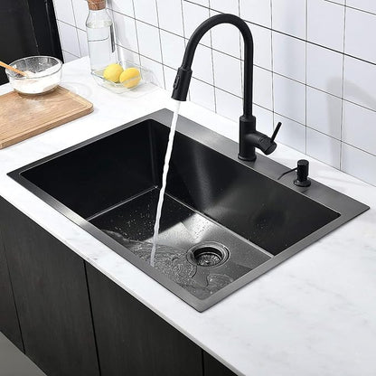 COMLLEN 33"x22"x9" Black Drop In Kitchen Sink, Top Mount SUS304 Stainless Steel Gunmetal Black 18 Gauge Large Commercial Modern Handmade Kitchen Sinks with Drain