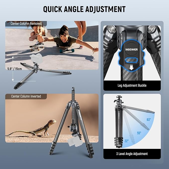 NEEWER LITETRIP LT38 61" Travel Tripod Carbon Fiber for Camera, 360° Pan Tilt Low Profile Ball Head, Flexible Center Axis, Arca QR Plate Compatible with Peak Design Tripod Clip V3, Max Load 22lb