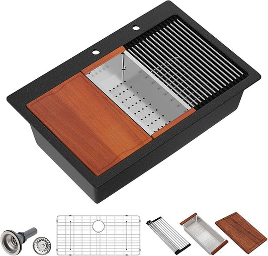 Dcolora 33x22 Drop In Kitchen Sink Black, Granite Composite Black Kitchen Sink Multifunctional Topmount Large Single Bowl Workstation Sinks #DC-0001GBT, 33" x 22" x 10"