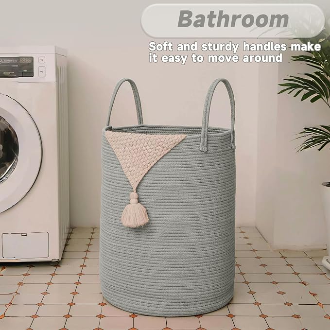 Large Woven Laundry Basket Hamper, 60L Cotton Rope Storage Bin - Image 5