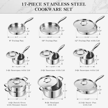 EWFEN Stainless Steel Cookware Set, 3 Ply 17 Piece Stainless Steel Pot and Pan - Image 3