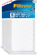 Filtrete 14x25x1 AC Furnace Air Filter, MERV 13, MPR 1900, Premium Allergen, Bacteria & Virus Filter, 3-Month Pleated 1-Inch Electrostatic Air Cleaning Filter, 6-Pack (Actual Size 13.81x24.81x0.78 in)