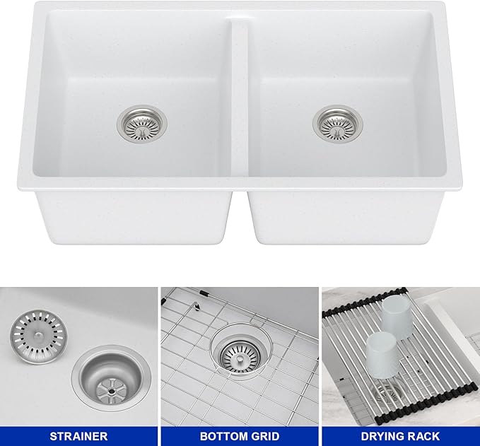 Dcolora 33 Inch Double Bowl Undermount Kitchen Sink White Deep Double Basin Prep Sink 50/50 Split Granite Composite 33"×19"×10“,#DC-GU001W