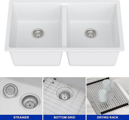 Dcolora 33 Inch Double Bowl Undermount Kitchen Sink White Deep Double Basin Prep Sink 50/50 Split Granite Composite 33"×19"×10“,#DC-GU001W