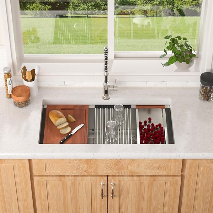 Lordear 36 Inch Undermount Kitchen Sink Double Bowl Stainless Steel Kitchen Sinks 50/50 Low Divided 16 Gauge Undermount Sink 36x19x10 Inch Handmade