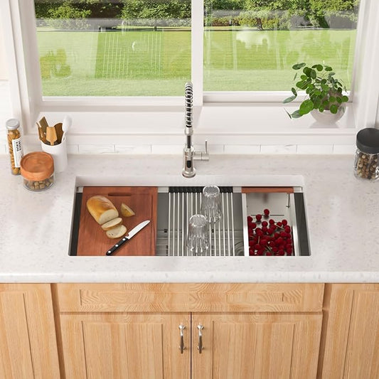 Lordear 36 Inch Undermount Kitchen Sink Double Bowl Stainless Steel Kitchen Sinks 50/50 Low Divided 16 Gauge Undermount Sink 36x19x10 Inch Handmade