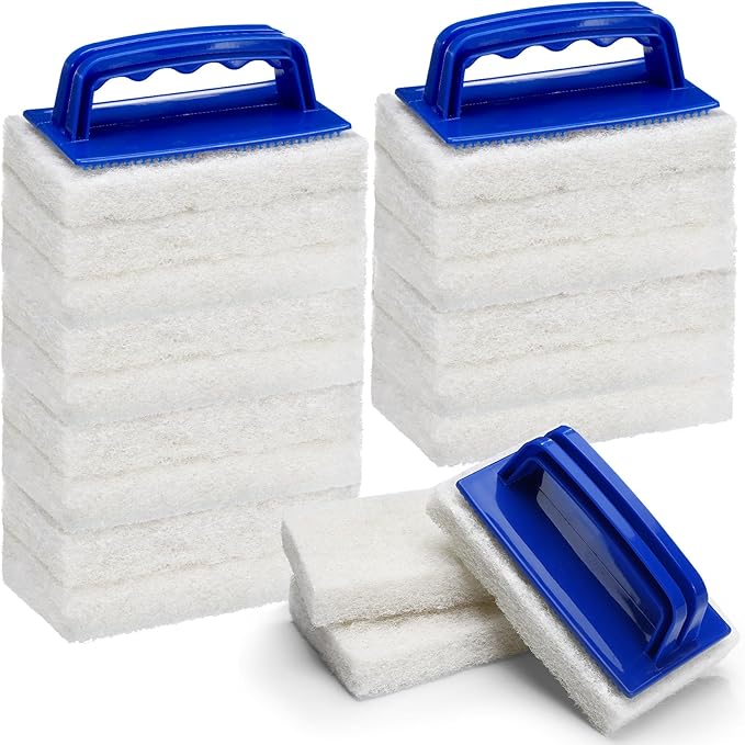 18 Pcs Handled Bath Scrubber Set, 15 Bathroom Scouring Pad 3 Bathtub Scrubber with Handle Non Scratch Soap Scum Remover for Cleaning Sink Shower Tile Swimming Pool Step and Corners(Blue and White)