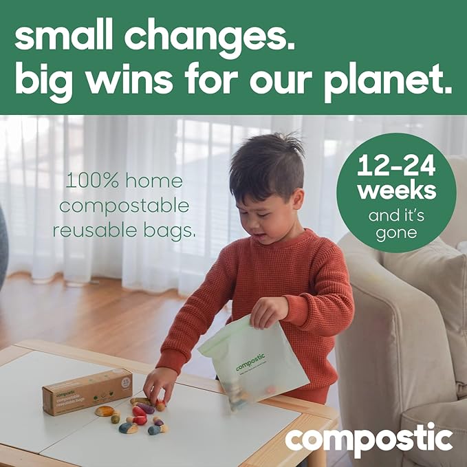 Compostic Home Compostable Resealable Sandwich Bags (7"x7"), Microwave & Freezer Safe, Organic Food Storage Container, 30 Count (Pack of 2)