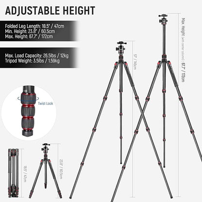 NEEWER 66"/168cm Carbon Fiber Tripod for Camera with 360° Panorama Ball Head, 1/4" Arca QR Plate, Portable Bag, Compact Travel Tripod Monopod for DSLR Video Camcorder, Max Load 26.5lb/12kg, N55C
