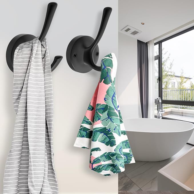 Black Towel Hooks for Wall, 5 Pack Coat Robe Hook Heavy Duty Metal Double Bath - Image 6