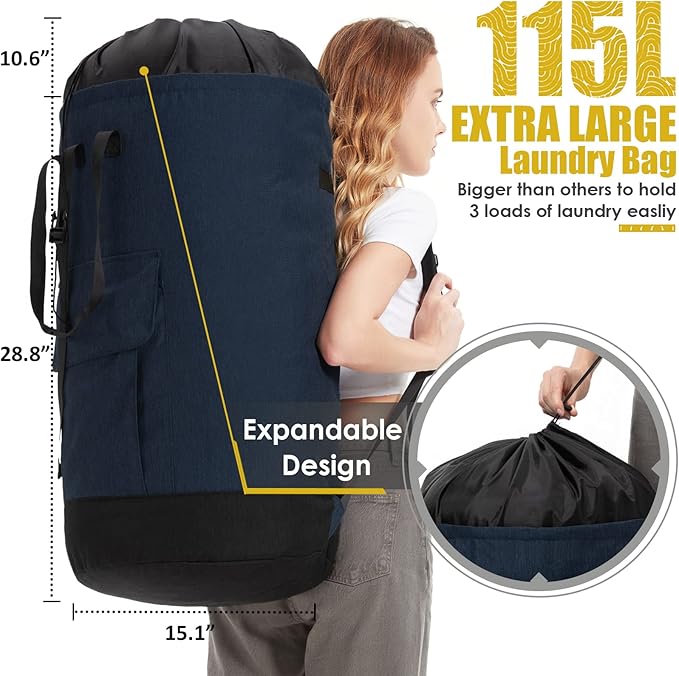 Laundry Bag Backpack Extra Large, Heavy Duty Laundry Bag With Straps, College Dorm Room Essentials, Dirty Clothes Bag for Travel, Beach, Camping, Apartment and Laundromat