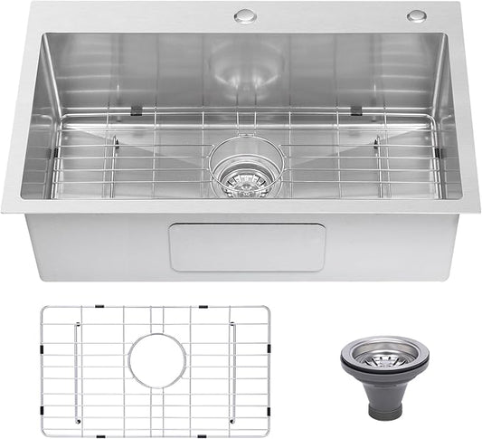 Drop In Kitchen Sink 33x22", 9" Basin Depth, 18 Gauge Stainless Steel Sink, 3D Embossed Surface Finish Top Mount with Accessories