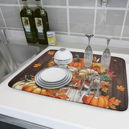 Fall Pumpkin Dish Drying Mat for Kitchen Counter Decor 18x24 Inch Halloween - Image 6