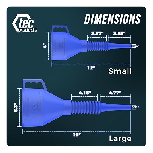 TEC Products FlexAll Long Flexible Funnel for Automotive Use - Durable Nitrile Rubber - Ideal for Car Oil Change, Transmission Funnel Fluid, Diesel, Fuel, Gas - Made in USA - Blue (16 x 5 Inches)