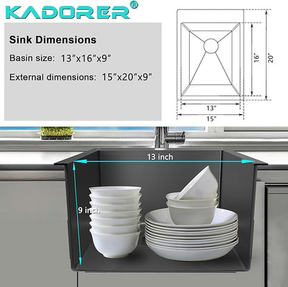 15 x 20 Inch Black Drop In Kitchen Sink - Single Bowl Topmount Bar Prep Sink - 18 Gauge Stainless Steel with Grid and Basket Strainer