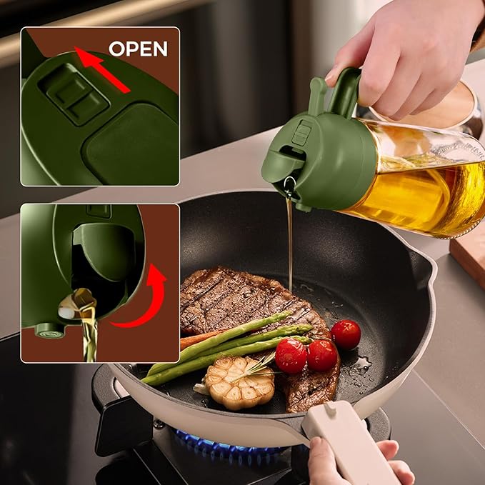 YARRAMATE 16oz/470ml Glass Olive Oil Sprayer for Cooking with Stickers, 2 in 1 Oil Dispenser for Kitchen Gadgets, Food Grade Premium Spray Bottle with Portion Control for Salad, BBQ (OliveGreen)