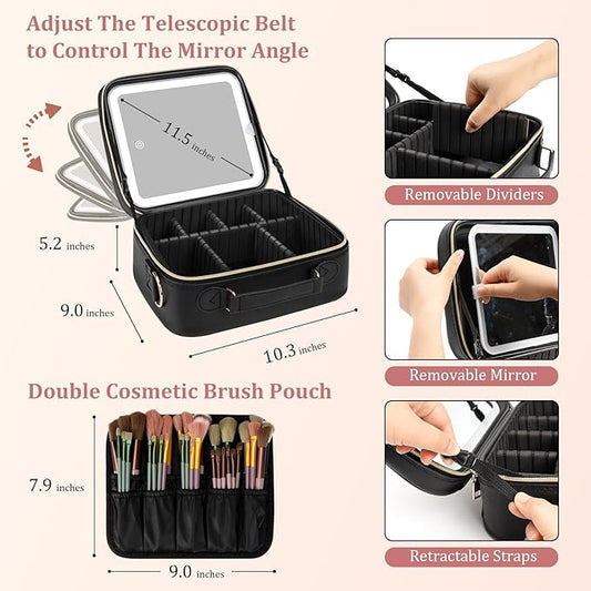 Makeup Bag with LED Mirror, [3 Color and Stepless Dimmable] Rechargeable LED Light for Makeup Bag Train Case with Brushes Storage Organizer, Travel Box Cosmetic Bag for Women - Black