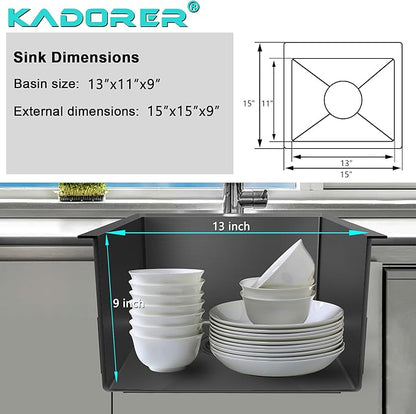 15 x 15 Inch Drop In Kitchen Bar Sink, Stainless Steel Single Bowl Topmount Bar Prep Sink Small Kitchen Sink with Basket Strainer