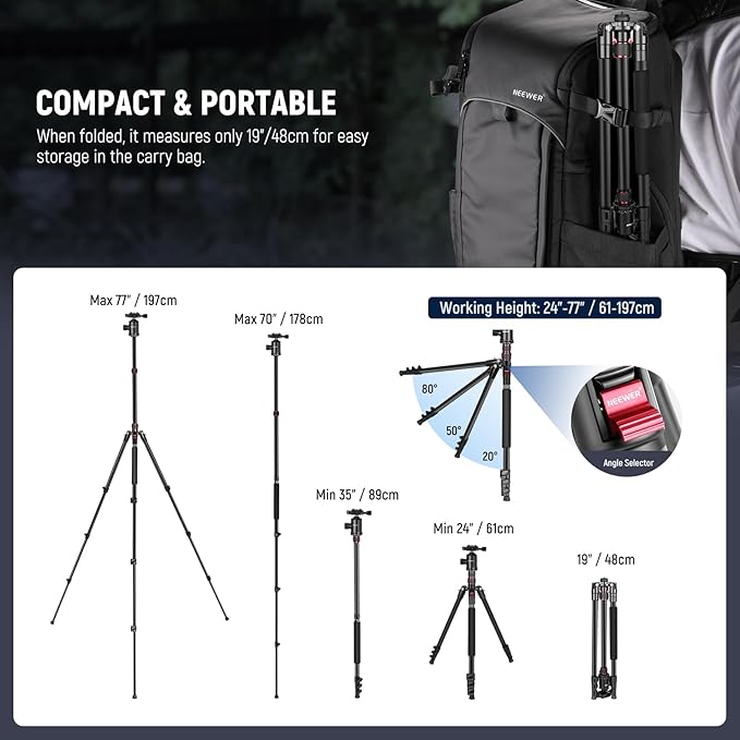 NEEWER 77" Camera Tripod Monopod with Cell Phone Holder Compatible with iPhone for Video Recording, Compact Aluminum Lightweight Travel Stand with Ball Head QR Plate Bag Cleaning Cloth, Max Load 34lbs