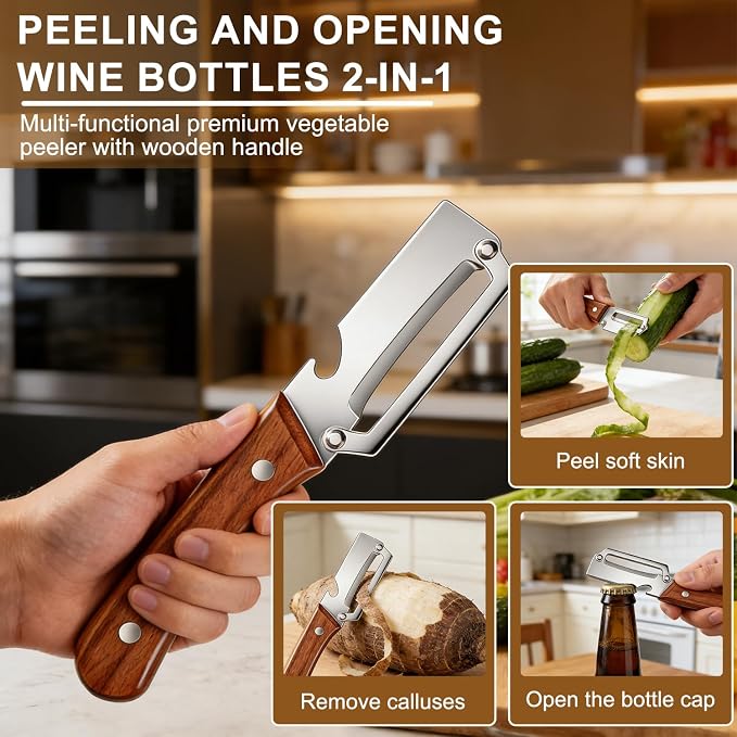 Premium Vegetable Peeler with Wooden Handle and Bottle Opener, 2-in-1 Stainless - Image 5