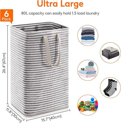Lifewit 6 Pack Laundry Hamper Large Collapsible Laundry Baskets, Freestanding Waterproof Clothes Hamper with Easy Carry Handles in Laundry Room Bedroom Bathroom College Dorm for Adults, Black, 6 x 80L
