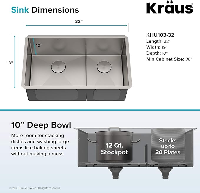 KRAUS Standart PRO™ 32-inch 16 Gauge Undermount 60/40 Double Bowl Stainless Steel Kitchen Combo with WasteGuard™ Continuous Feed Garbage Disposal, KHU103-32-100-75MB