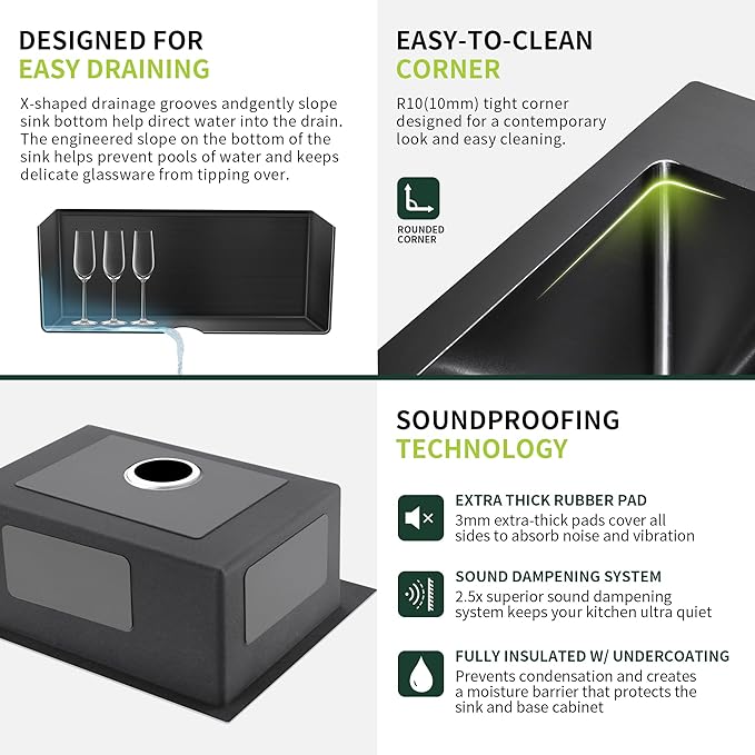 Black Kitchen Sink Drop-In 22 x 18 inch, SINKVINE PVD Nano Stainless Steel Bar Sink Outdoor, Top Mount Deep Single Bowl RV Laundry Basin, w/Drain Strainer, Bottom Grid, Roll-up Drying Unit, Dark Gray