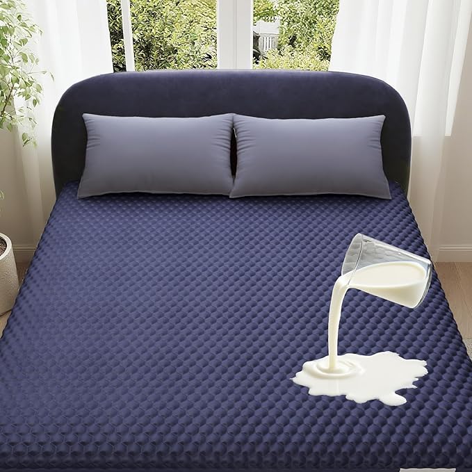 OhGeni 100% Waterproof Mattress Protector, Twin XL Size Mattress Pad, Fits 6"-20" Mattresses with Deep Pocket, Cooling, Breathable Fitted Sheets, Soft Bed Cover, Noiseless, Machine Washable(Navy Blue)