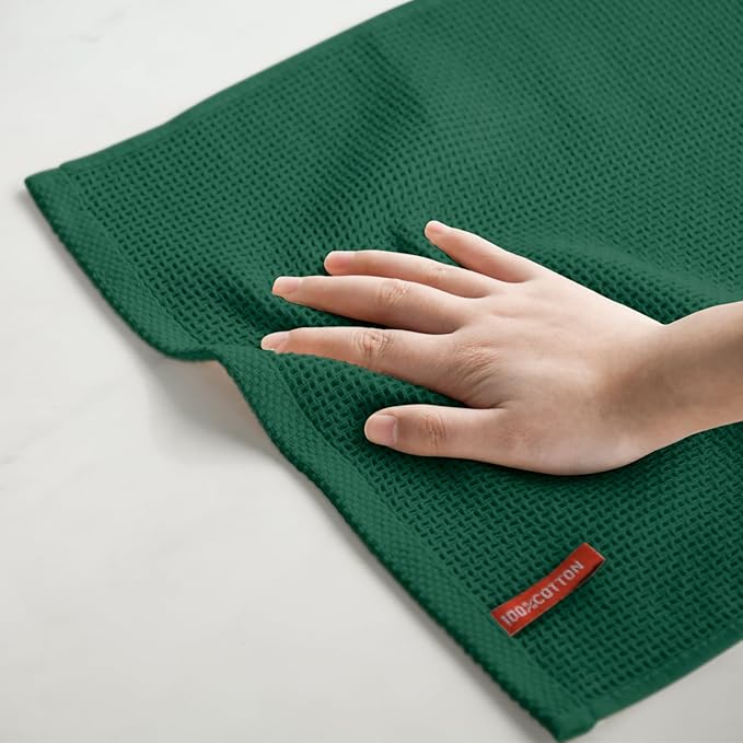 Artoid Mode 100% Cotton Dark Green Waffle Weave Kitchen Dish Cloths, 12x12 Inch Ultra Soft Absorbent Quick Drying Kitchen Dish Towels Set of 6