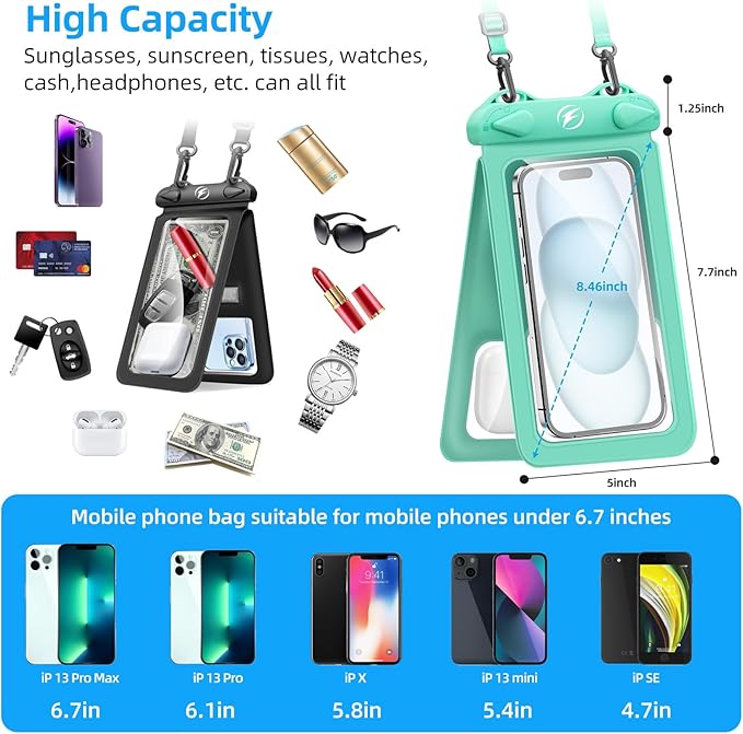Waterproof Phone Pouch [3-Pack] Double Space Waterproof Phone Case with Adjustable Lanyard Water proof Cell Phone Pouch for iPhone IPX8 Underwater Phone Cases Phone Dry Bag for Vacation Beach Swimming