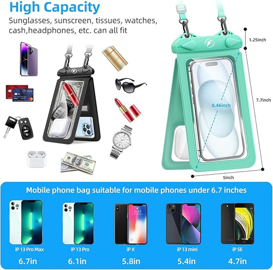 Waterproof Phone Pouch [3-Pack] Double Space Waterproof Phone Case with Adjustable Lanyard Water proof Cell Phone Pouch for iPhone IPX8 Underwater Phone Cases Phone Dry Bag for Vacation Beach Swimming