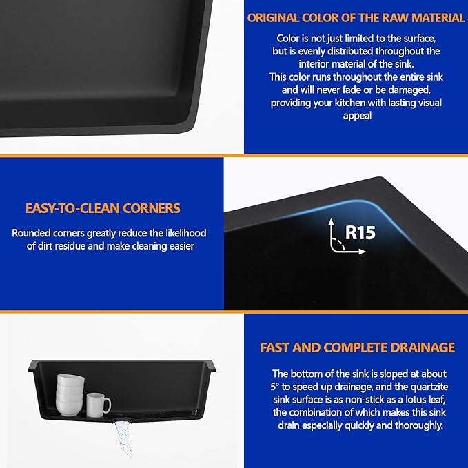 Dcolora 31 Inch Quartz Composite Black Kitchen Sink Undermount Sink Deep Single Bowl, 31"x18" Round Corner, DC-GU7748