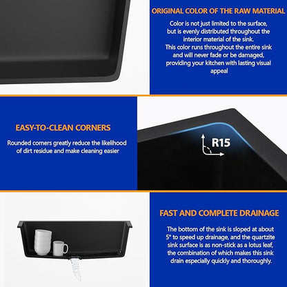 Dcolora 31 Inch Quartz Composite Black Kitchen Sink Undermount Sink Deep Single Bowl, 31"x18" Round Corner, DC-GU7748